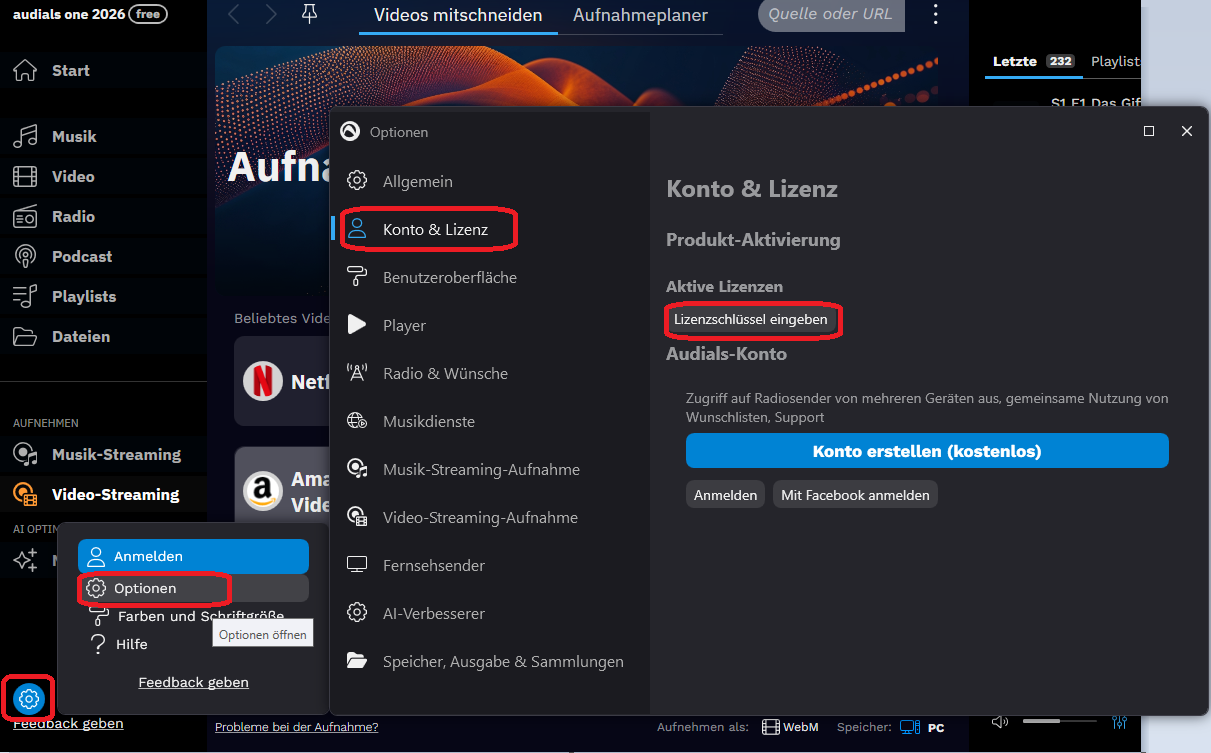 Audials mit Lizenzschlüssel und Audials Konto aktivieren – Audials