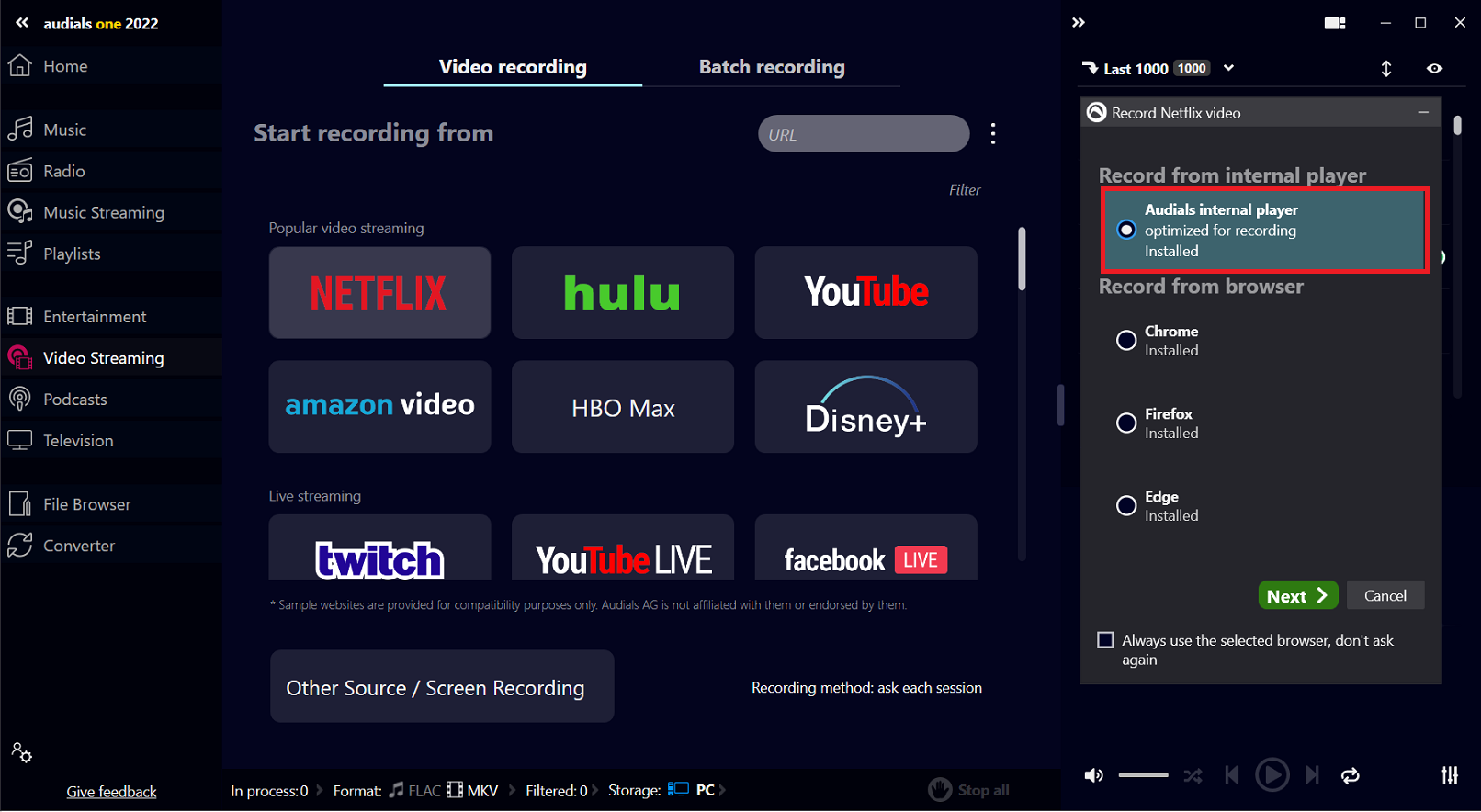 Video Streaming: Audials 2022 video recording using the internal player –  Audials Support